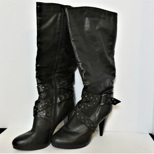 Black Leather 4" Heel Platform Goth Knee Boot 8.5